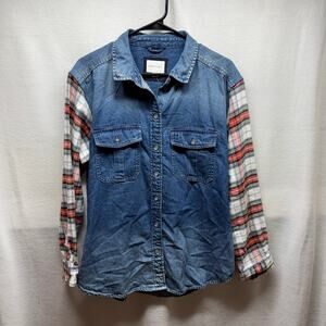 American Eagle Outfitters Denim Blouse with Plaid Sleeves